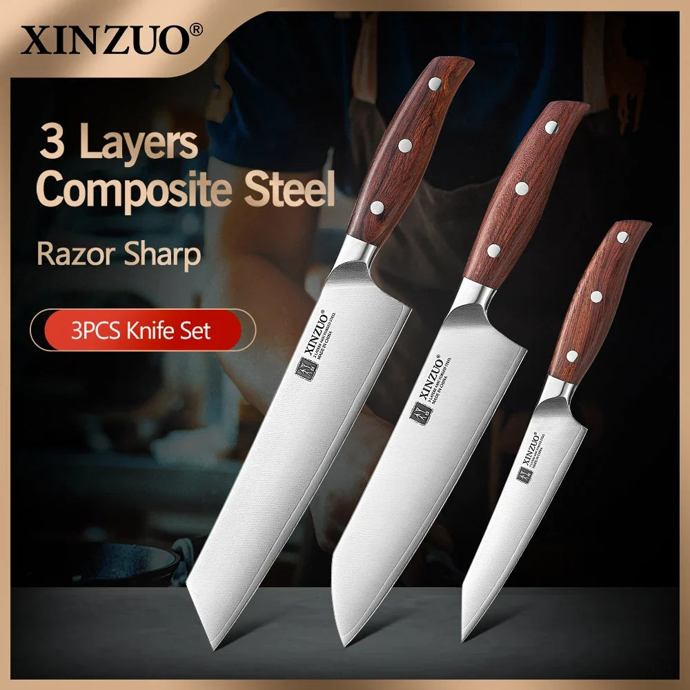 XINZUO 3-Piece Knife Set – Bunka Santoku Utility 440C Steel