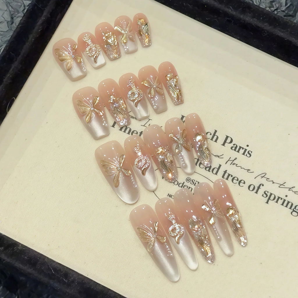 French Cat Eye Press On Nails – Glitter Crystal 3D Rhinestone Set