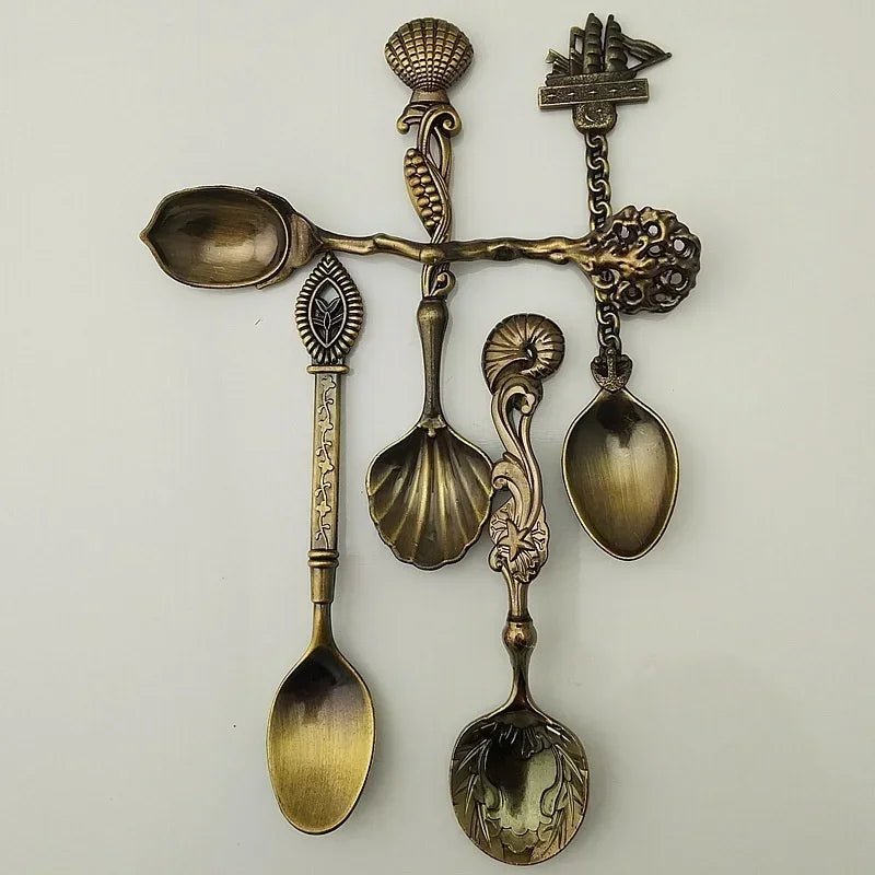 5-Piece Vintage Royal Gold Carved Spoon & Fork Cutlery Set
