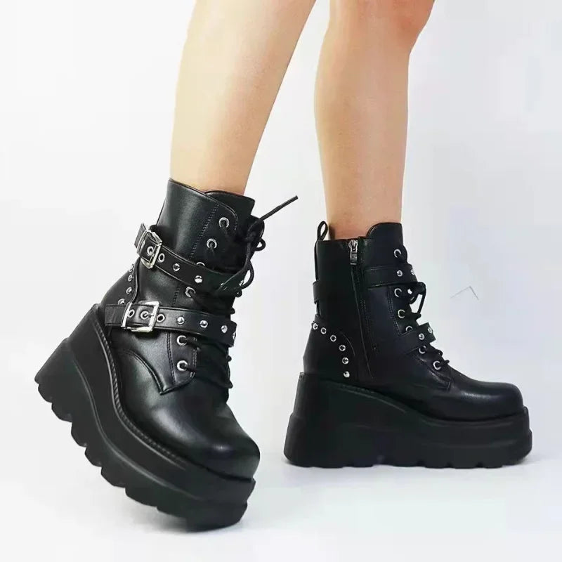 Women's PU Leather Platform Ankle Boots – Gothic Lace-Up