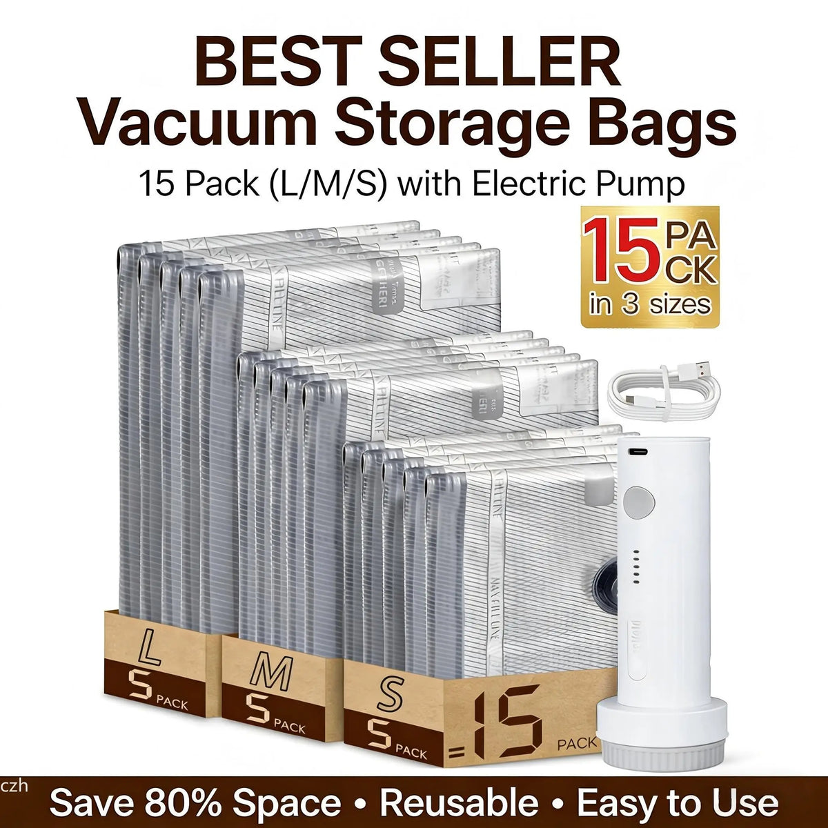 Vacuum Compression Bags for Travel + Rechargeable Pump – 15 Pack