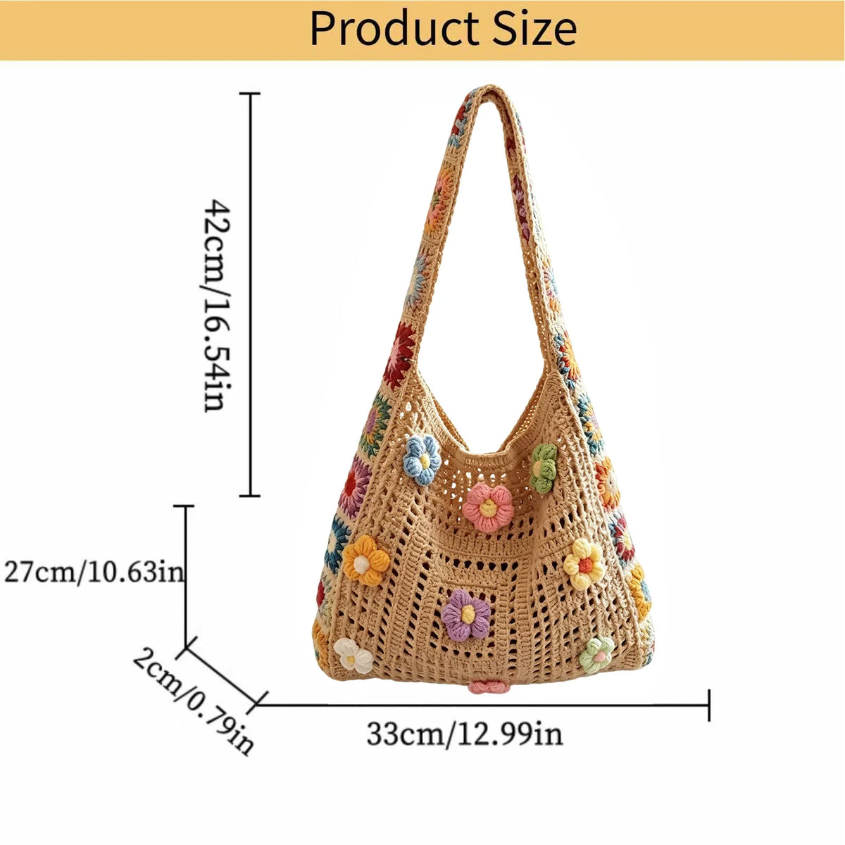 Boho Crochet Flower Tote Bag – Woven Beach Shoulder Handbag