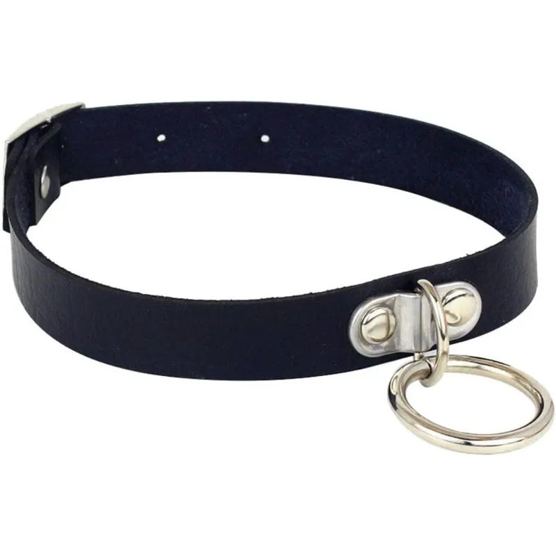 Black Leather O-Ring Choker – Gothic Adjustable Collar Necklace