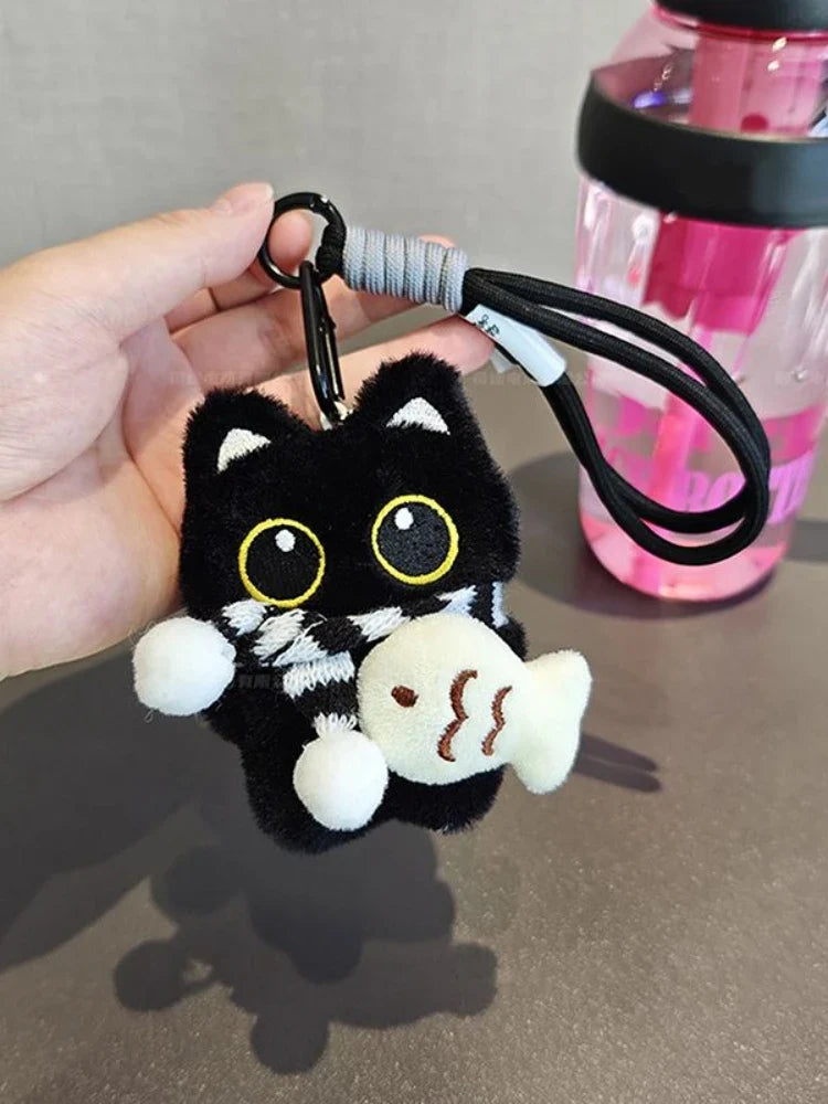 Dark Shadow Cat Plush Keychain | Soft Velvet Fur Key Ring