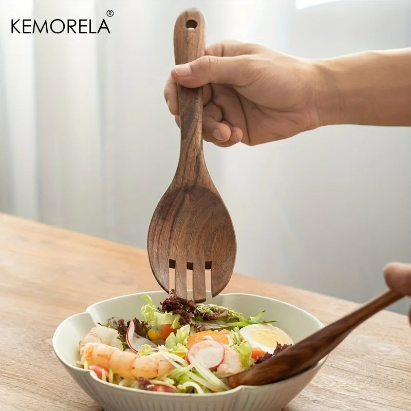 KEMORELA Acacia Wood Salad Servers – Long Handle Spoon & Fork