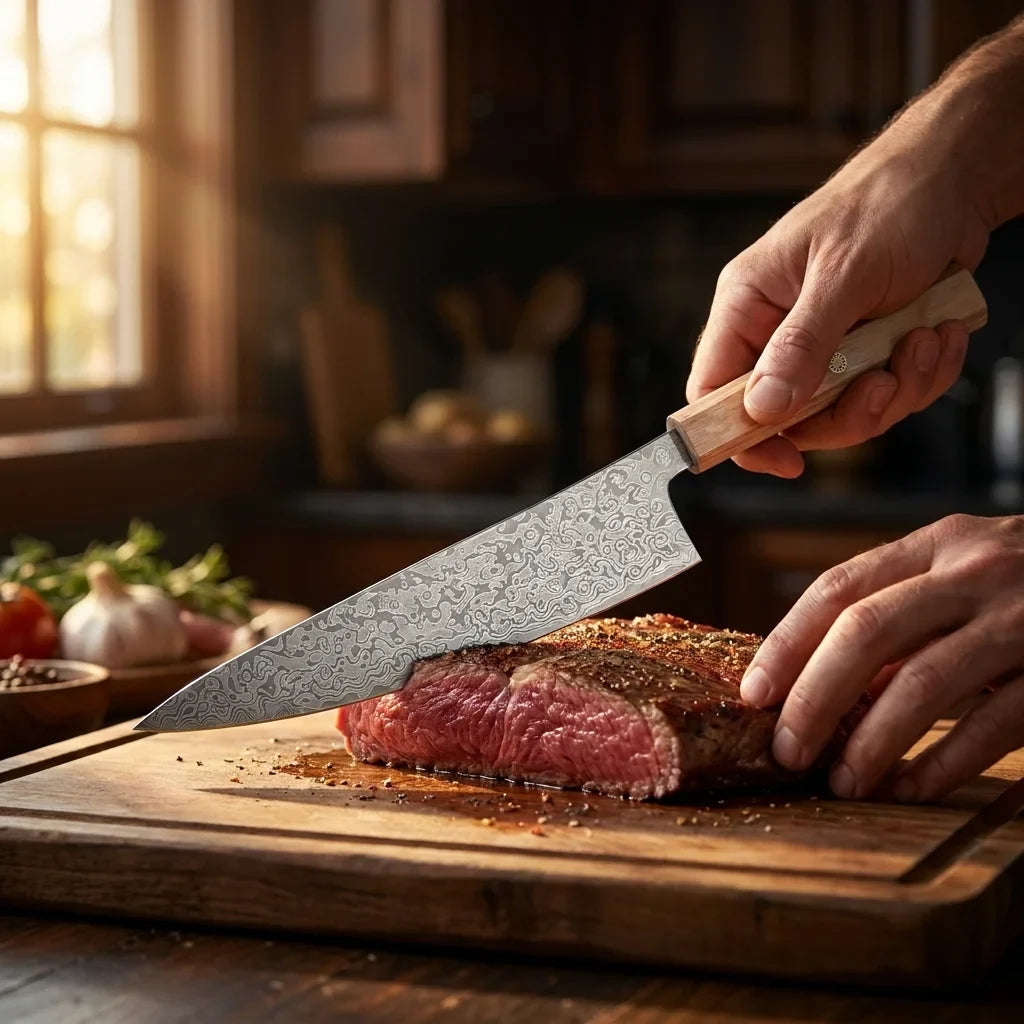 8" Damascus Texture Chef Knife – Carbon Steel & Wood Handle