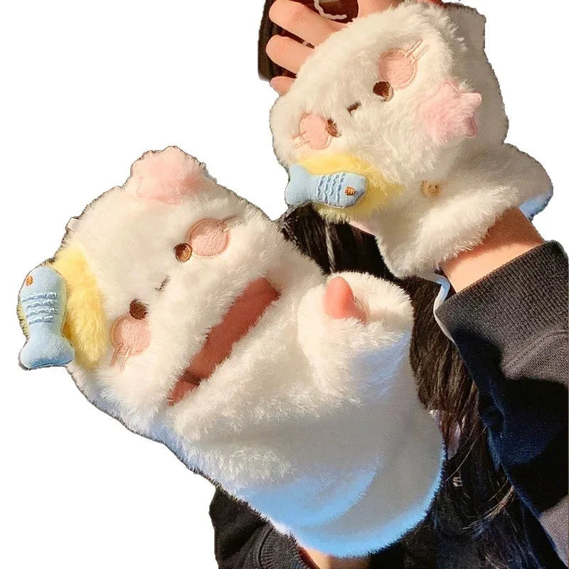 Cat Plush Flip-Cover Gloves for Women | Touchscreen Winter