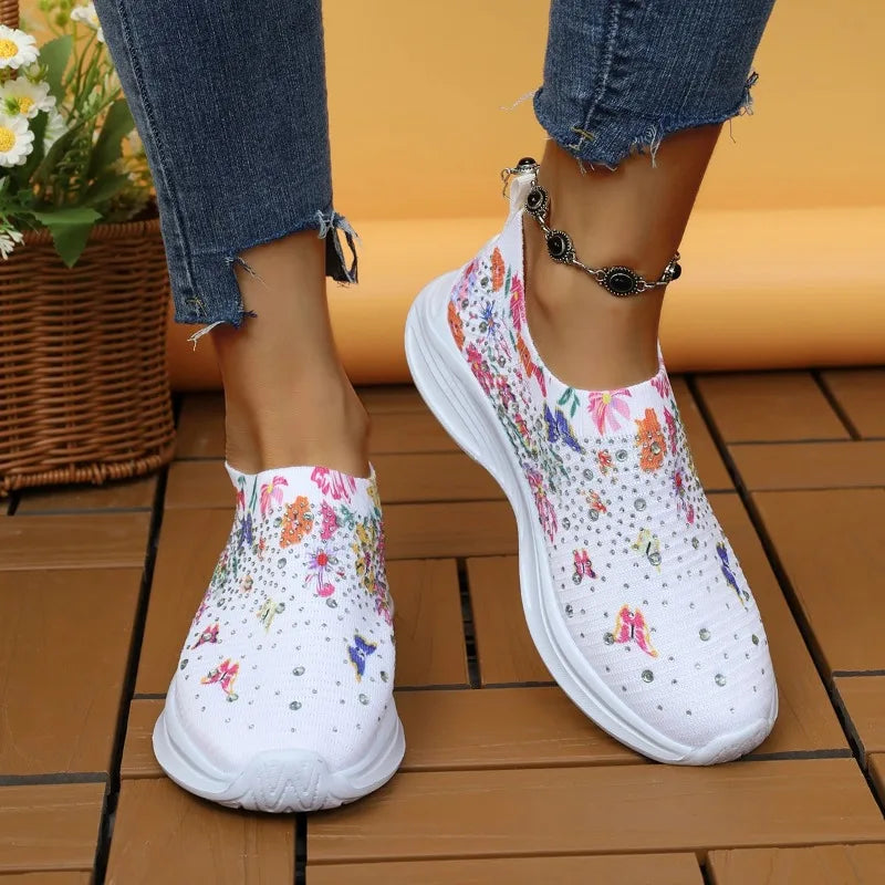 Flower Print Knitted Sneakers – Crystal Slip-On Women's Shoes