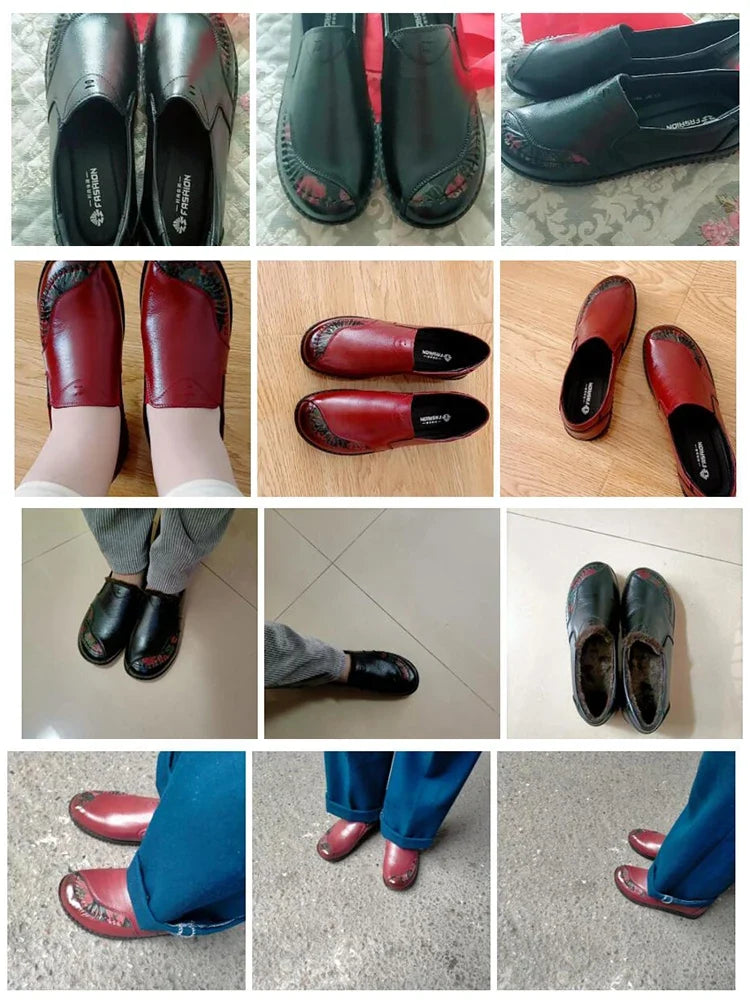 Women's Genuine Leather Retro Loafers – Wide Fit Flat Shoes
