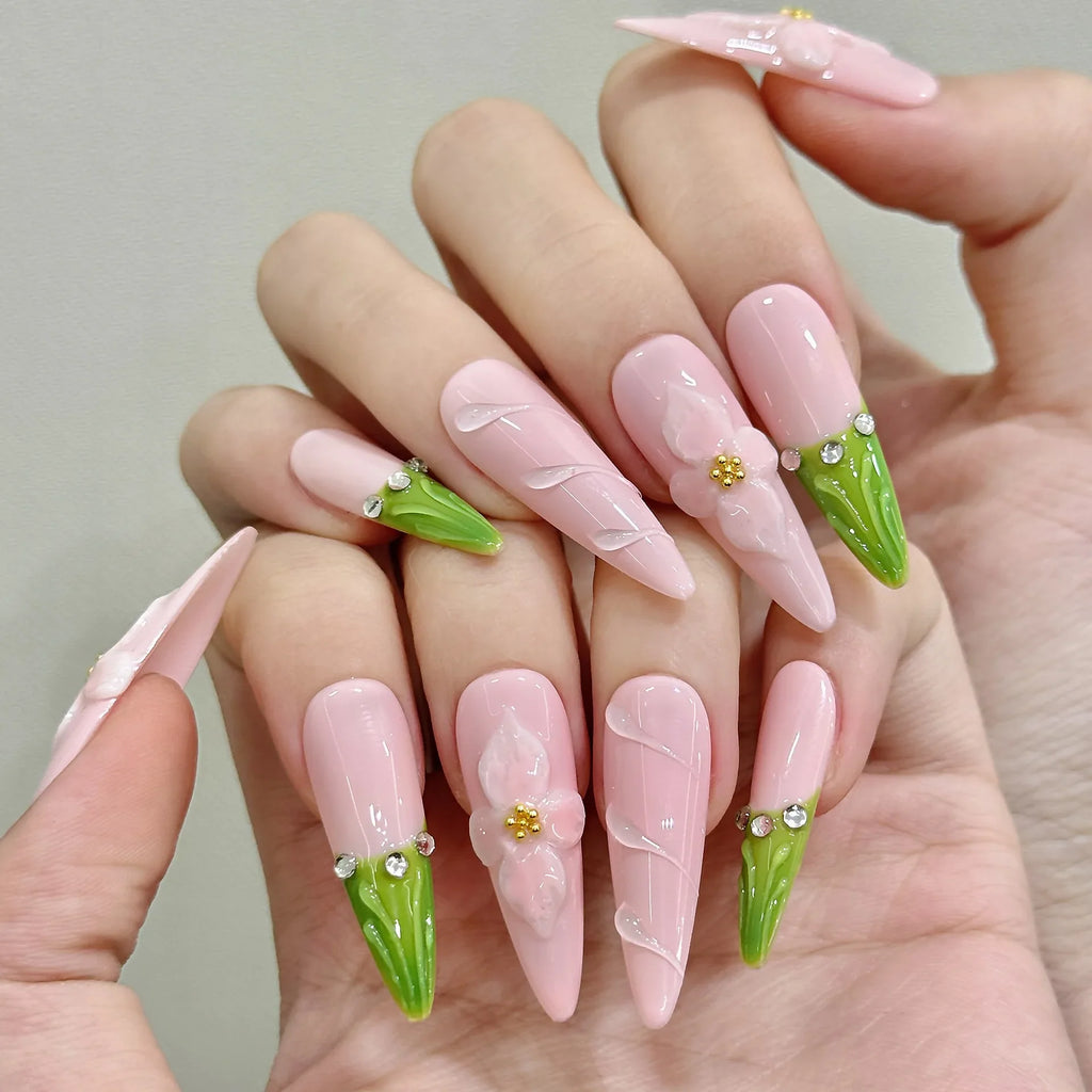 Sweet Pink Almond Press On Nails – 3D Flower French Tips | 10pcs