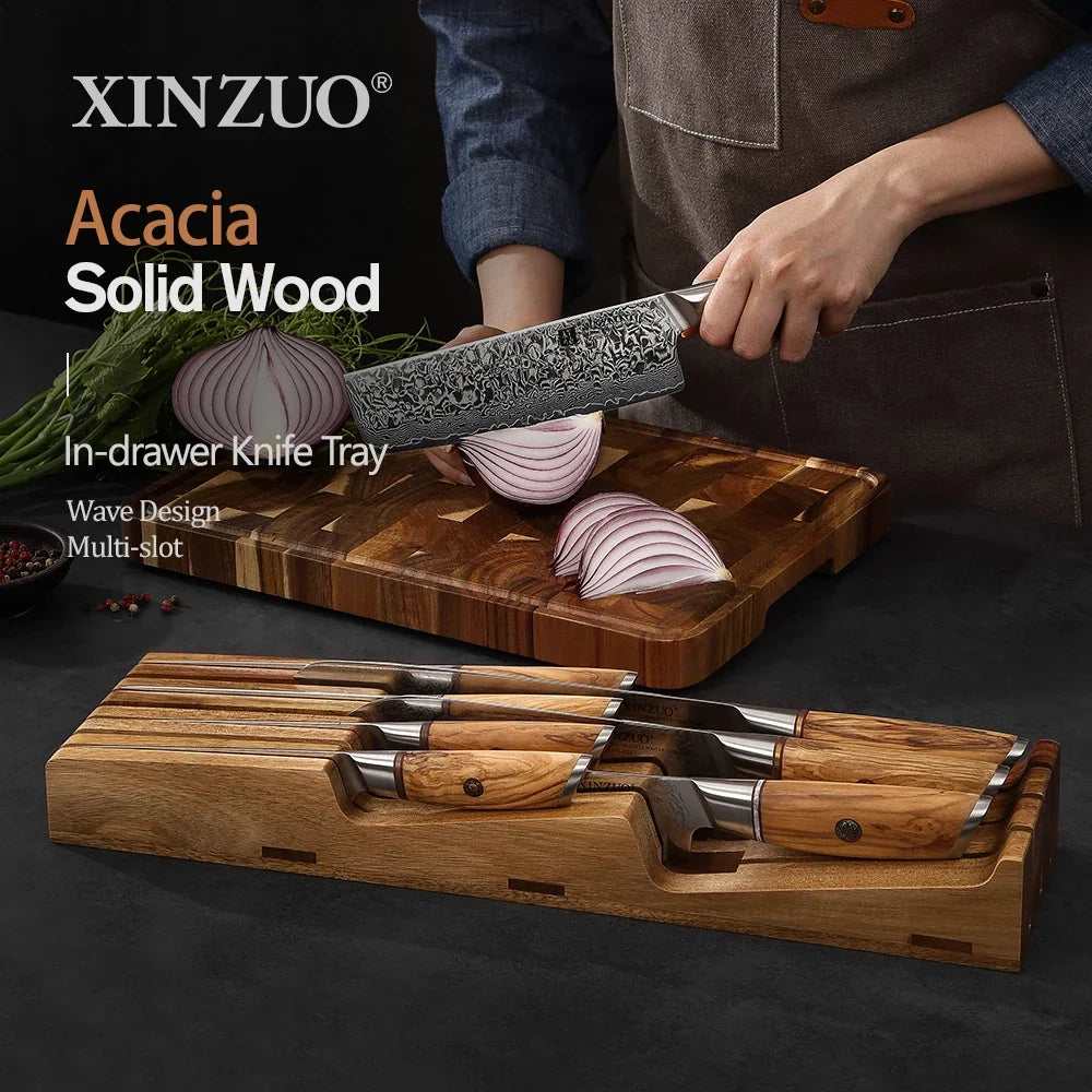 XINZUO 7-Slot Acacia Wood In-Drawer Knife Organizer Tray