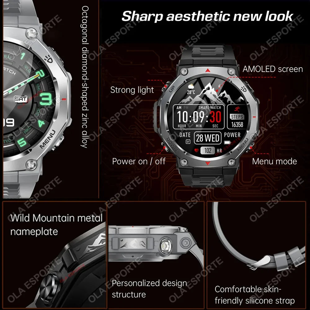 Military-grade Outdoor Sports Smartwatch 520mAh GPS LED Flashlight