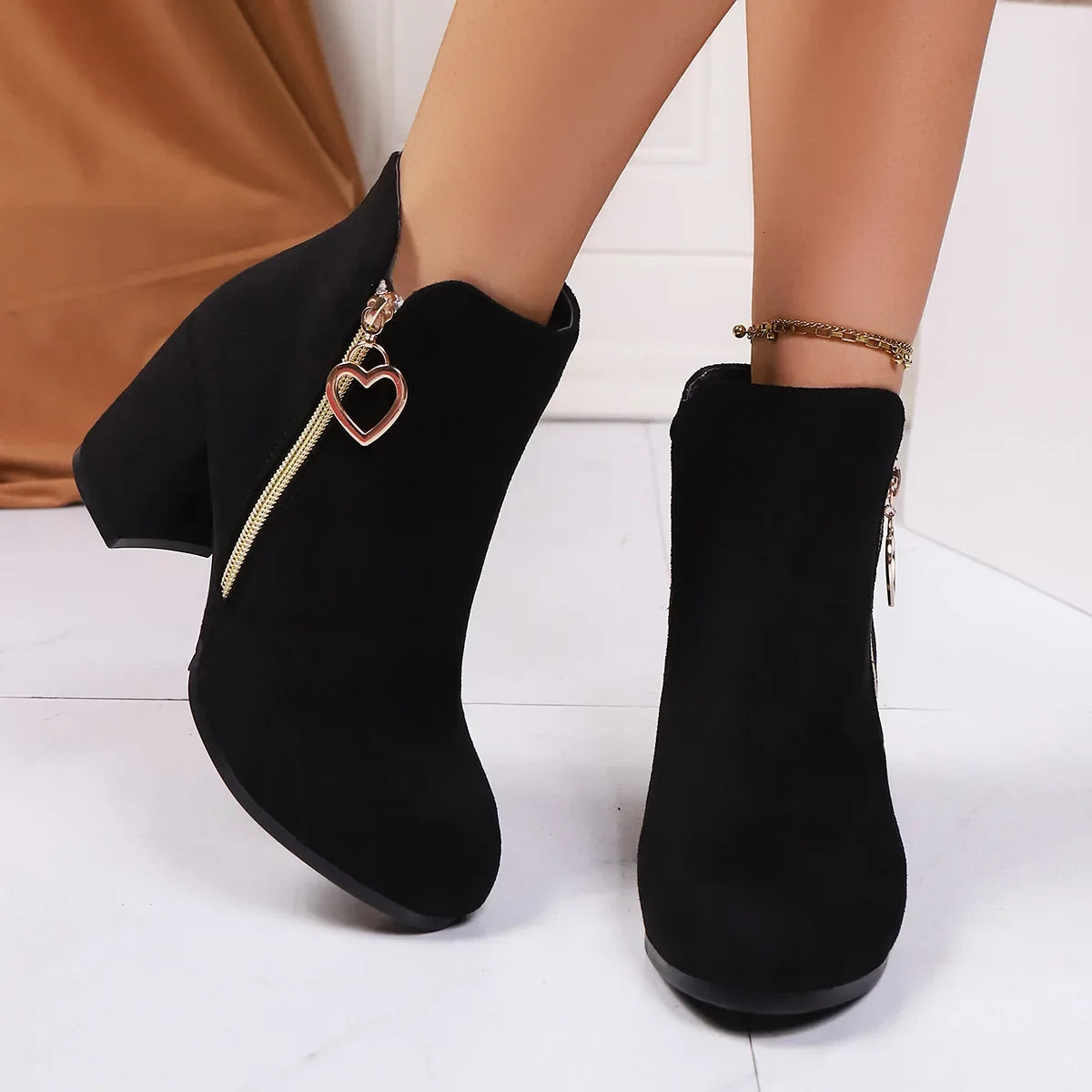 Women's Retro Block Heel Ankle Boots – Suede Zip Style