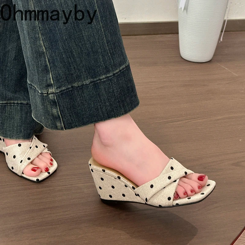 Women's Polka Dot Wedge Slippers – Square Toe Summer Slides