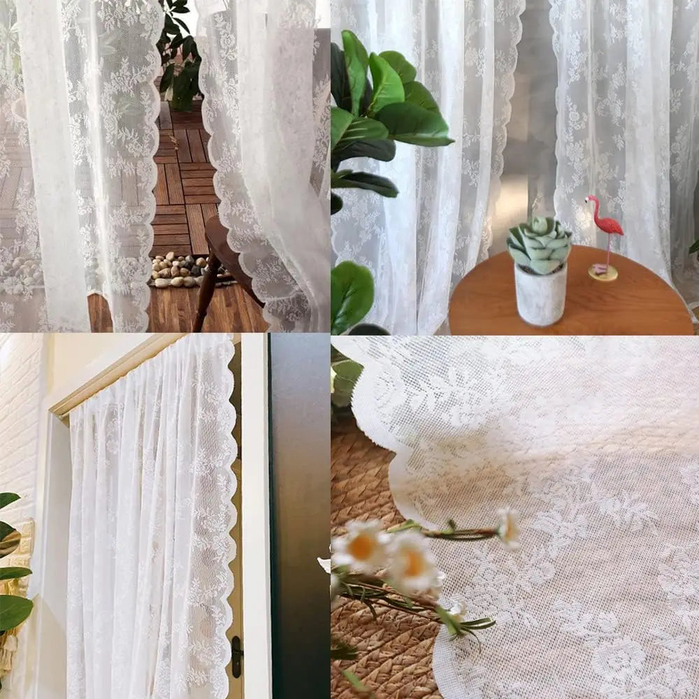 White Floral Lace Sheer Curtains | Rod Pocket Voile Drapes