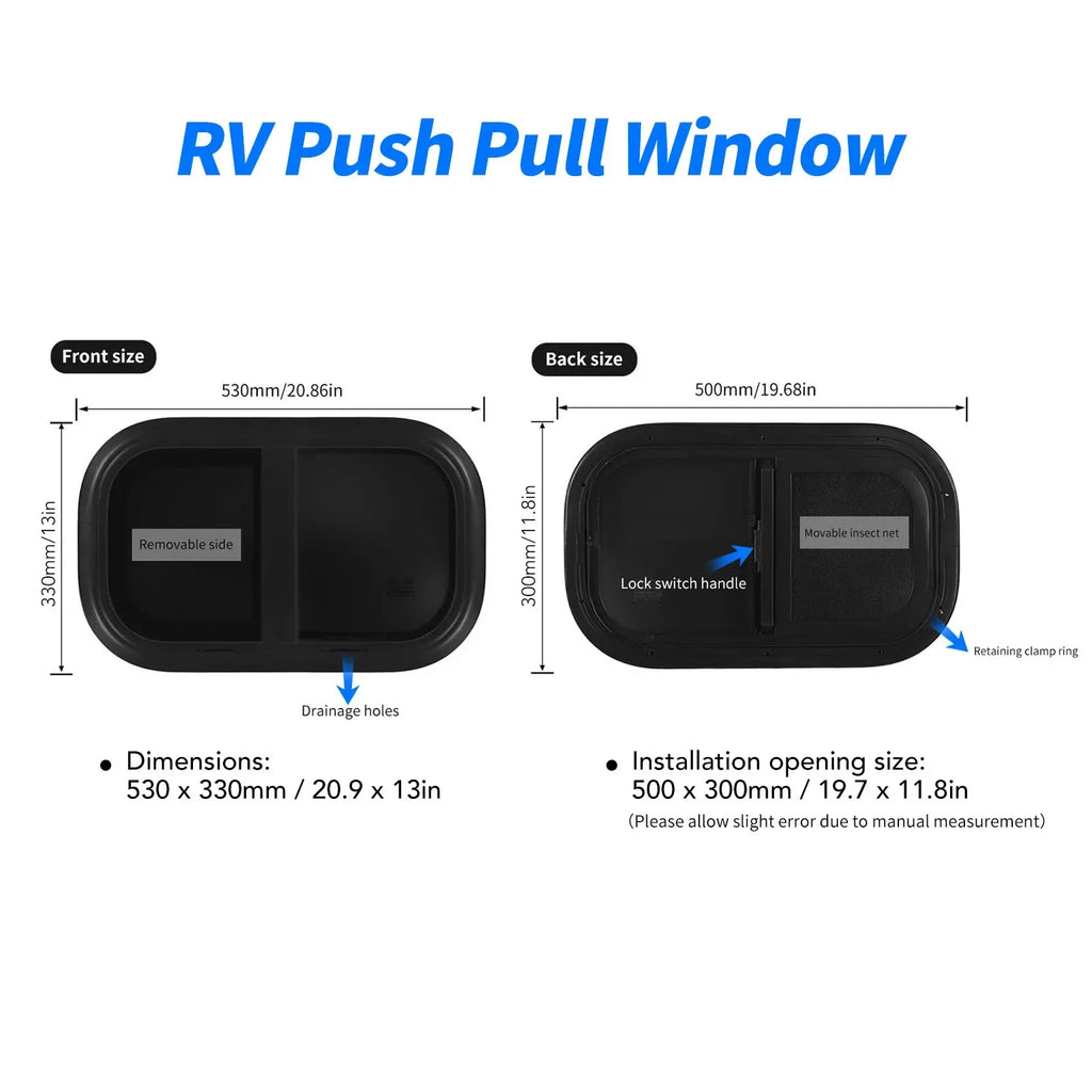 Motorhome Window RV Sliding L500 H300mm Tempered Glass UV Insect