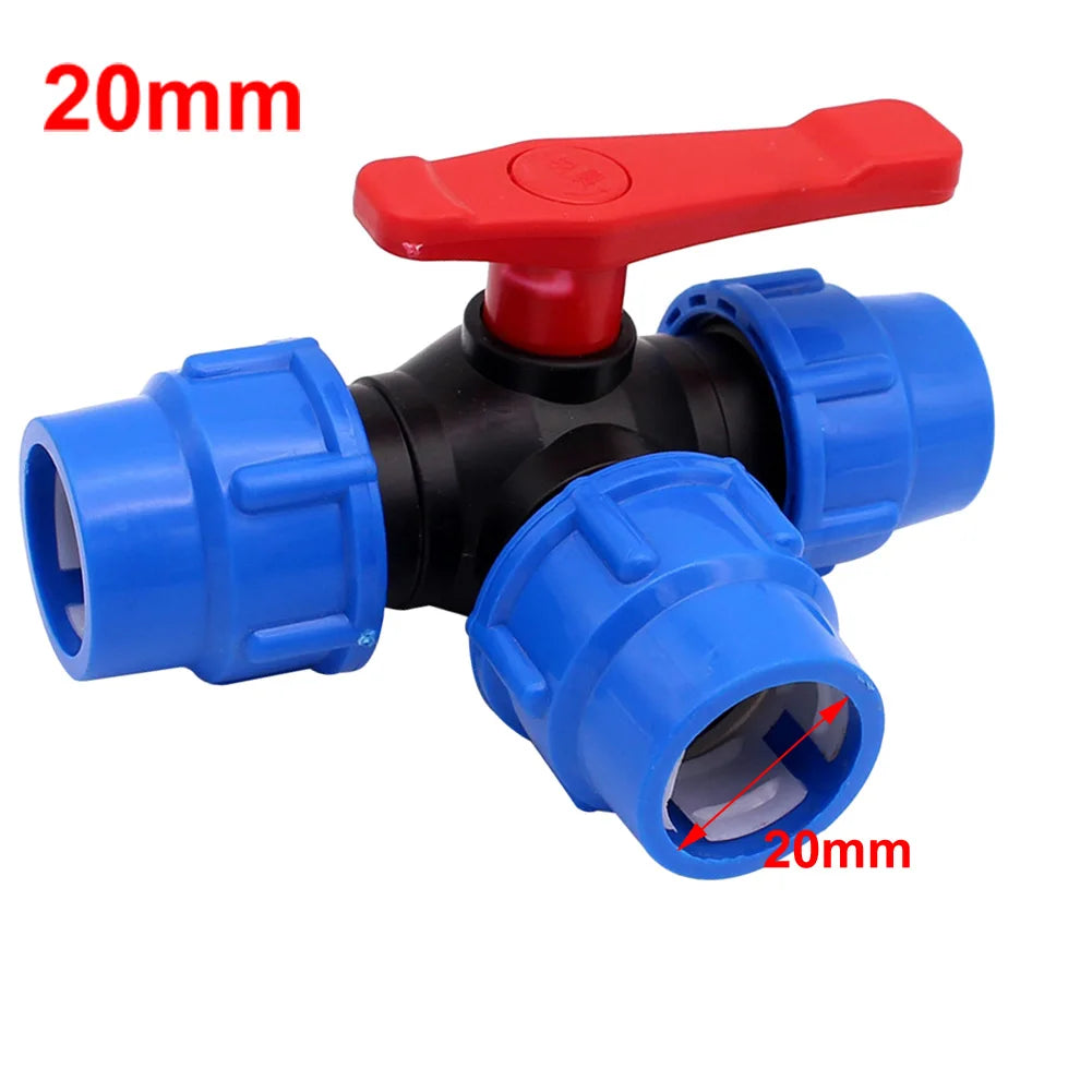 PE Pipe 3-Way Ball Valve 20 25 32 40 Plastic Garden Household