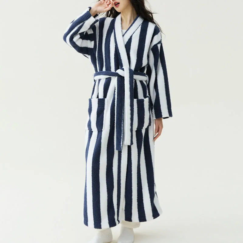 Women's Striped Velvet Bathrobe – Thick Flannel Lace-Up Robe