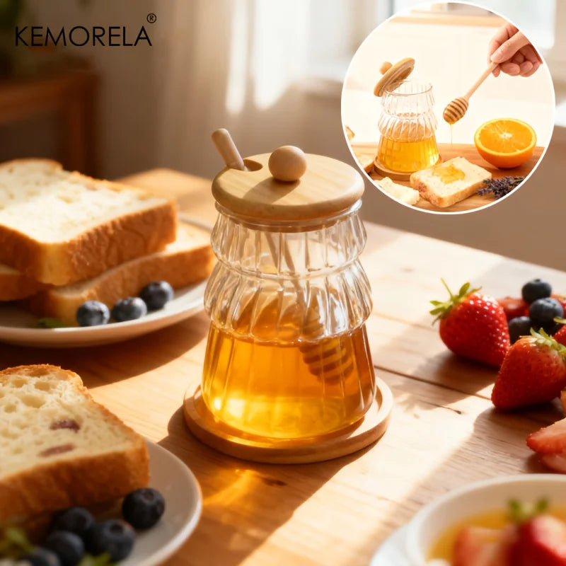 KEMORELA Glass Honey Jar Set with Wooden Stir Stick & Lid