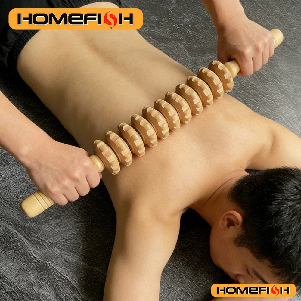 Anti-slip Handle Wooden Gear Arm Leg Hip Back Deep Massage Roller