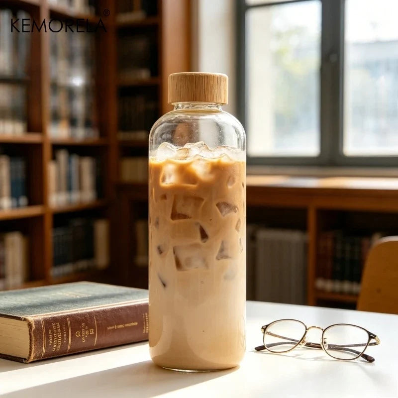 Glass Water Bottle Wooden Lid 500/750/1000ml + Cleaning Brush