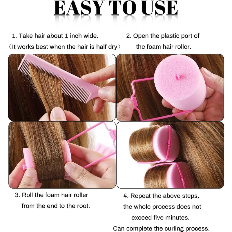 24-Piece Pink Foam Hair Rollers – Heatless DIY Curls & Waves