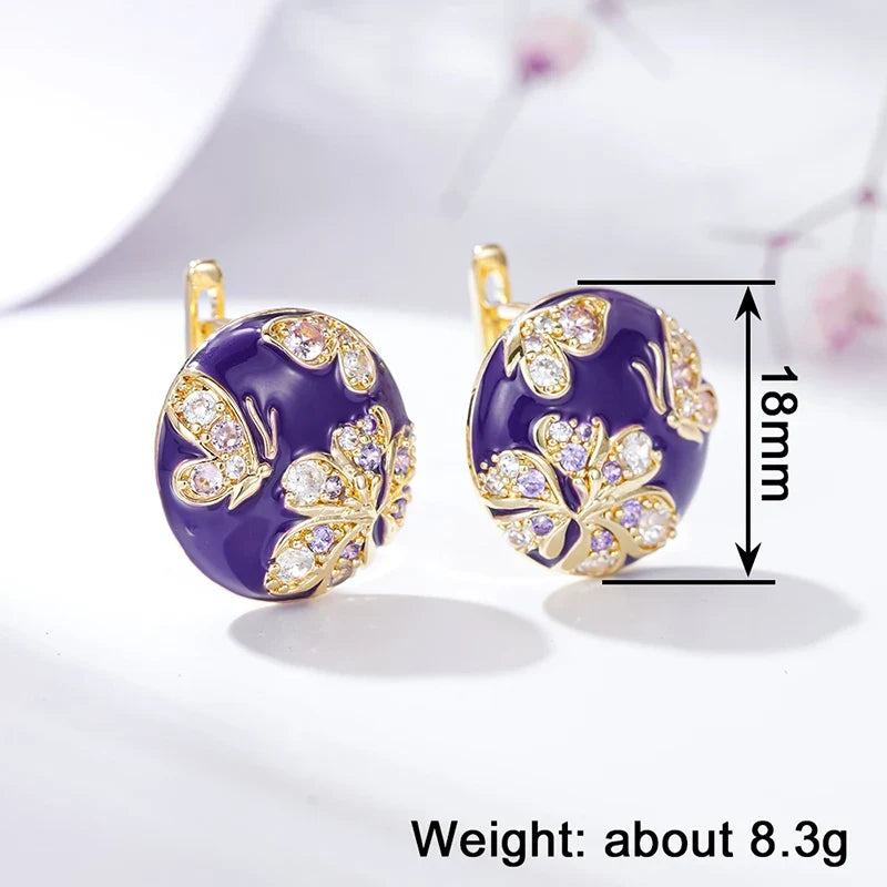 Huitan Purple Flower Enamel Gold Hoop Earrings for Women