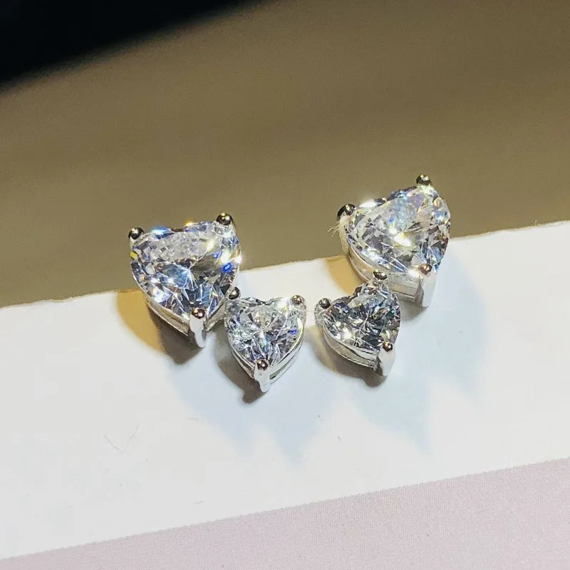 Huitan Double Heart CZ Stud Earrings – Silver Tone Women's Jewelry