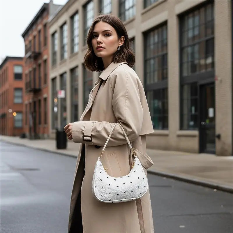 Women's Wrinkled Bow Baguette Shoulder Bag | Elegant Handbag