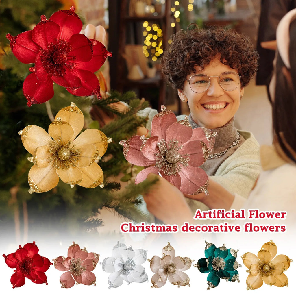 20cm Pink Glitter Magnolia Christmas Flower Pick | Xmas Decor