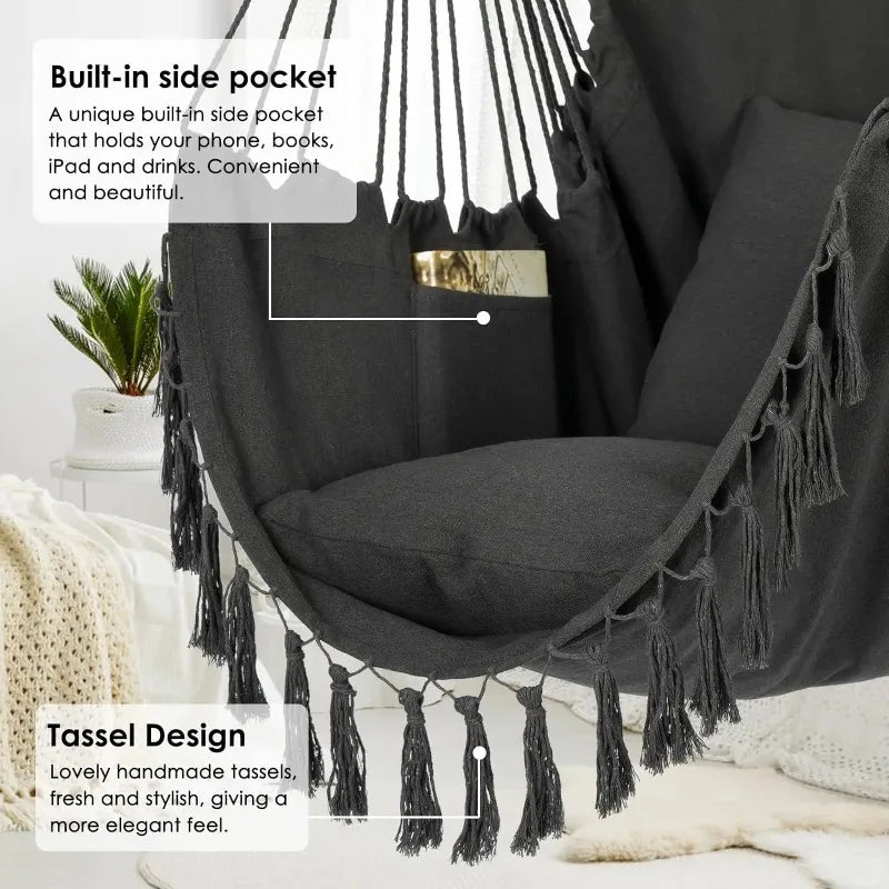 Macrame Hanging Chair with 2 Pillows | 500lb Cotton Rope Swing