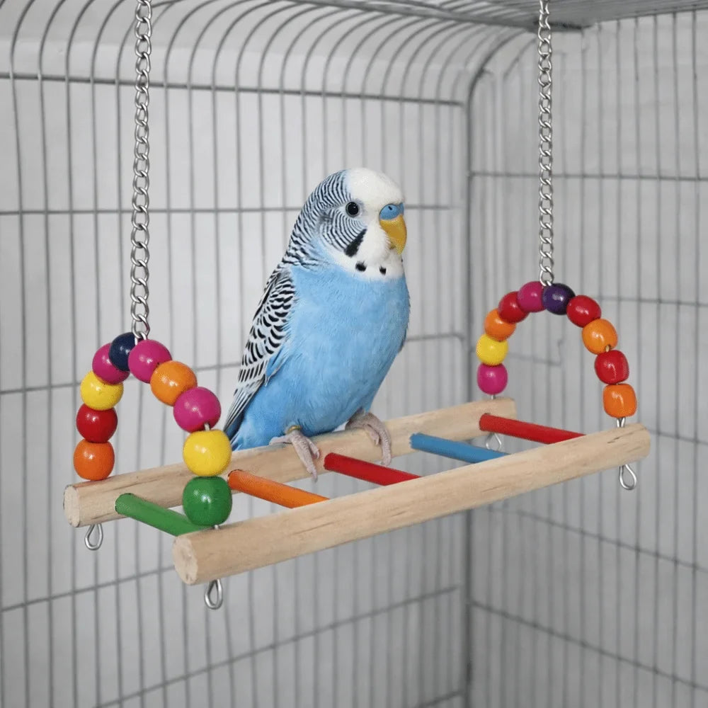 Wooden Parrot Swing Perch Stand with Colorful Beads | Bird Cage
