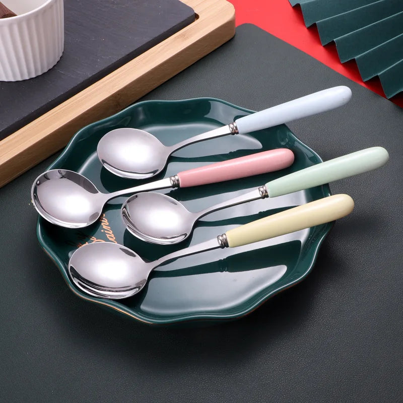 4-Piece Ceramic Handle Dessert Spoons – Stainless Steel Set