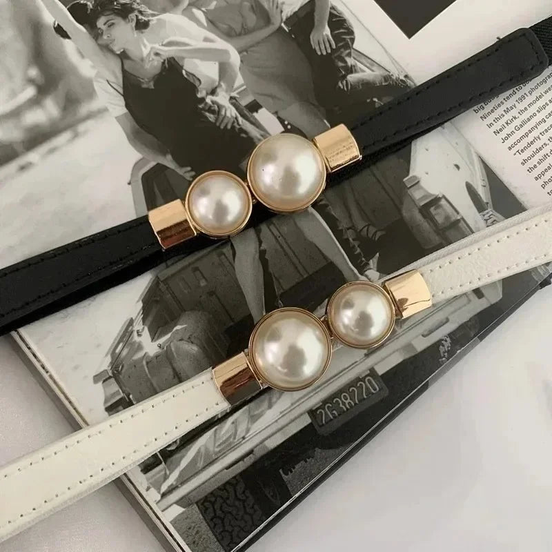 Women's Elastic Pearl Buckle Thin Belt – PU Waist Strap