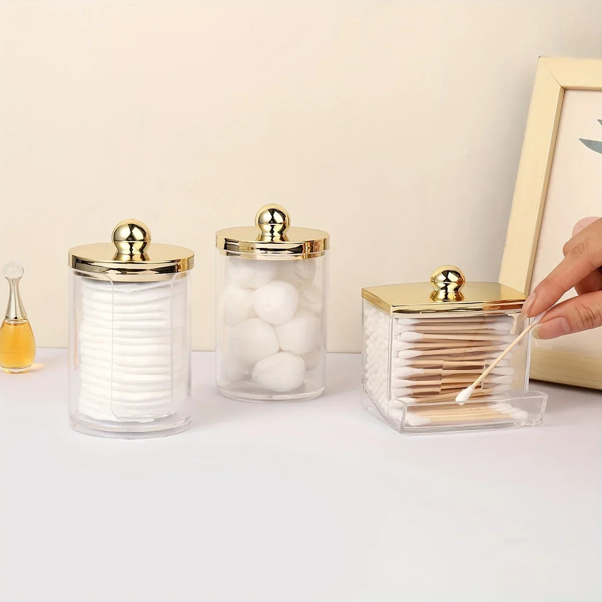 1 3 Qtips Bathroom Organizer Gold Lid Ball Filler Clear Plastic