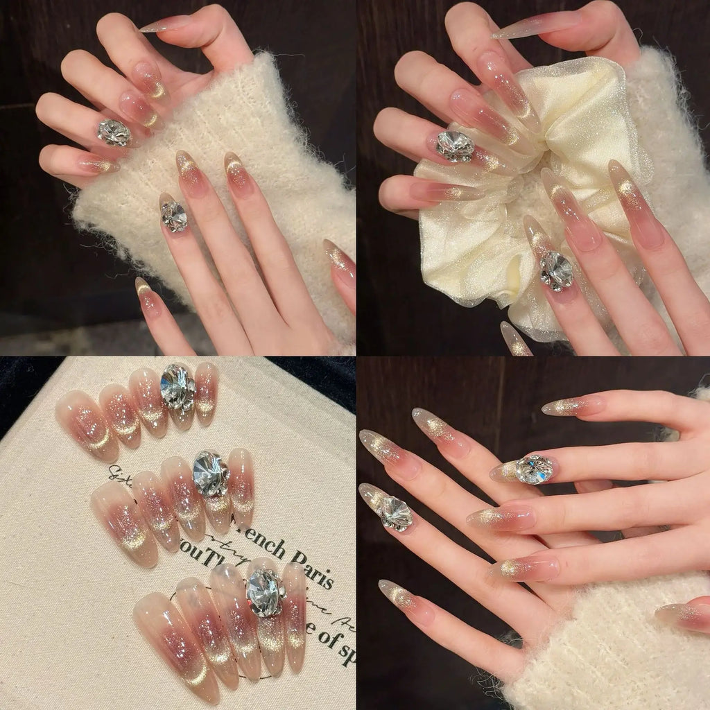 Handmade Press-On Nails | French Cat Eye Diamond Almond Glitter
