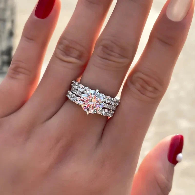 Huitan 3-Piece Bridal Ring Set – Silver & CZ Wedding Rings