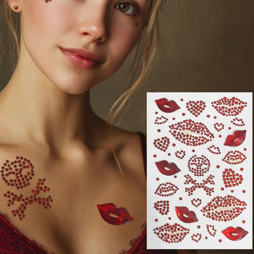 Rhinestone Heart & Lips Face Gems – Glitter Body Stickers