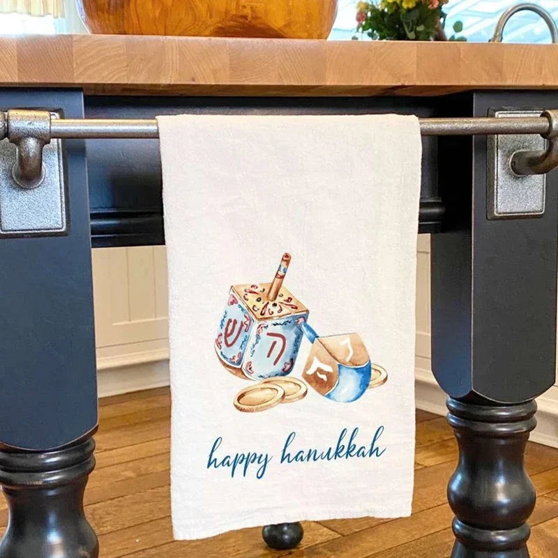 Happy Hanukkah Cotton Tea Towel – Dreidel & Coins Flour Sack