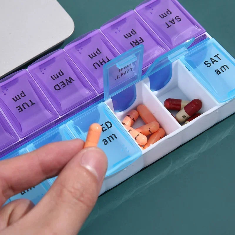 7-Day Weekly Pill Organizer – 14-Grid Travel Medicine Box