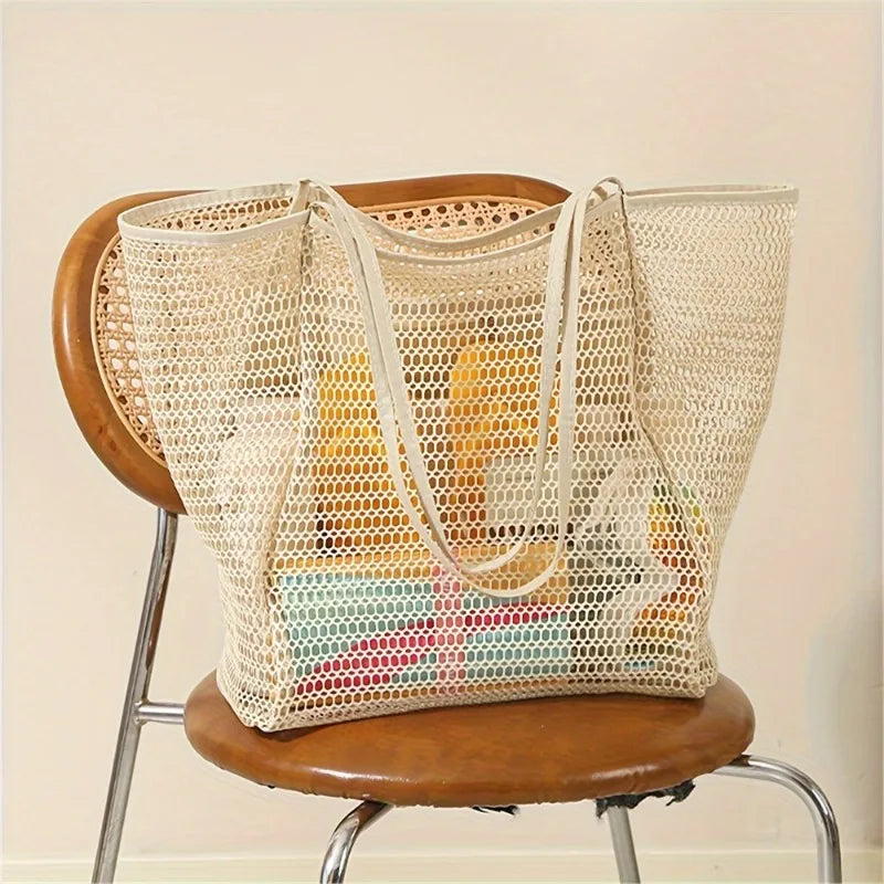 Colorful Mesh Beach Tote Bag – Shoulder & Crossbody | Khaki