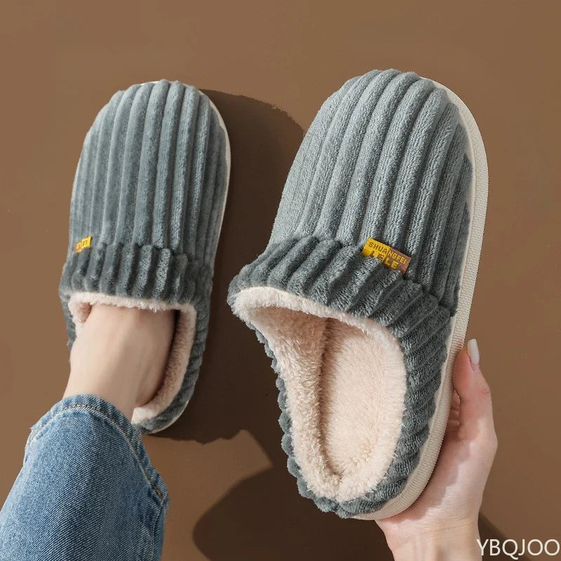 Couple Winter Striped Slippers – Plush Warm Non-Slip Home Shoes