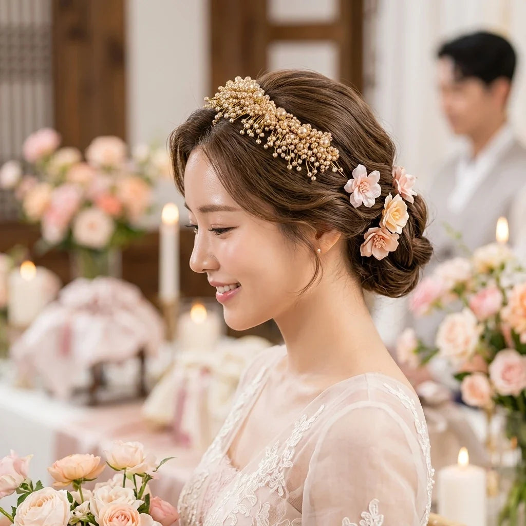 Bridal Pearl Hairband | Korean Style Pink Flower Wedding Headpiece