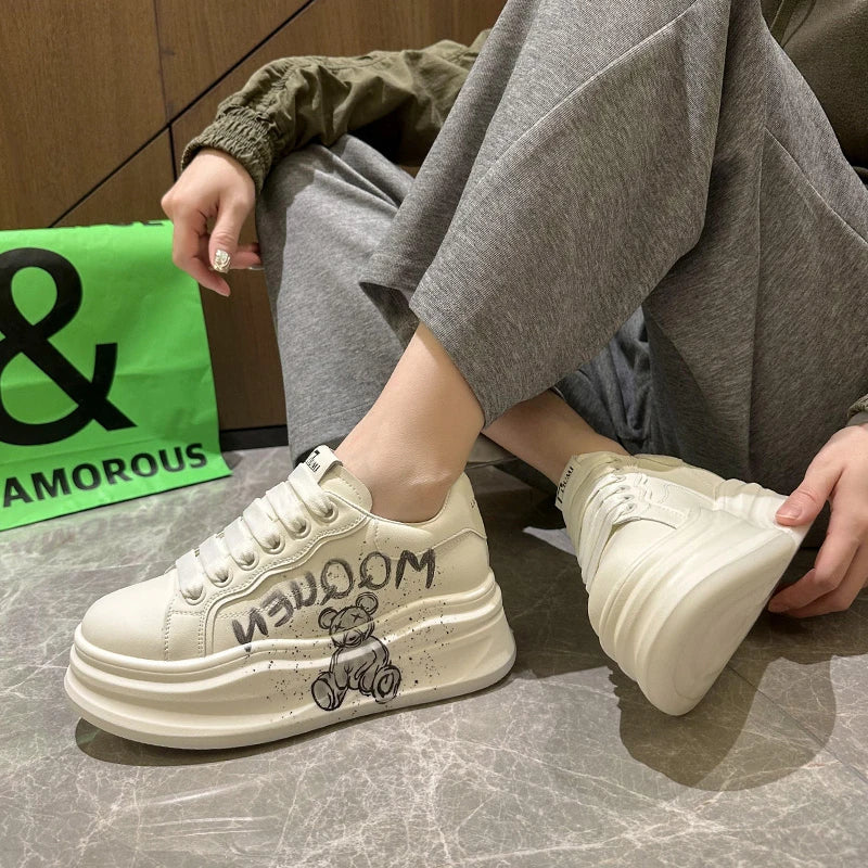 Women's White Platform Sneakers – PU Leather Lace-Up Flats