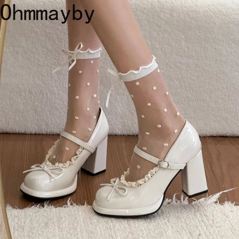 Butterfly-Knot Mary Jane Chunky Heel Pumps | Women's Dress Shoes