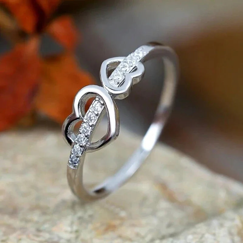 Huitan Double Heart Ring – Cubic Zirconia Sparkling Women's Ring