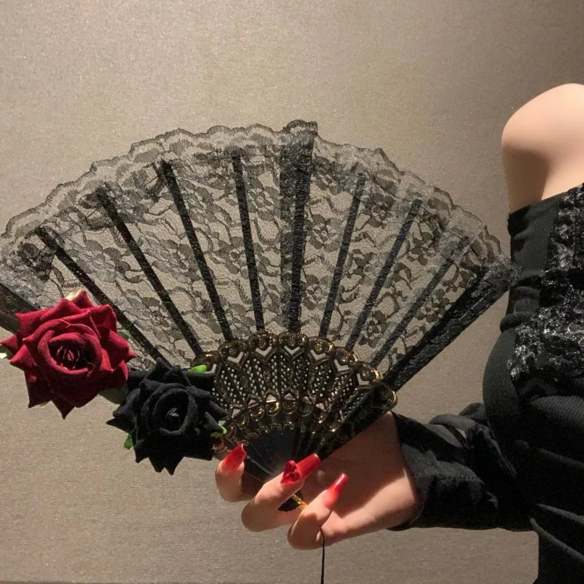 Dance Fan Ornament Ladies Lace Hand Black White Cloth Folding Fans