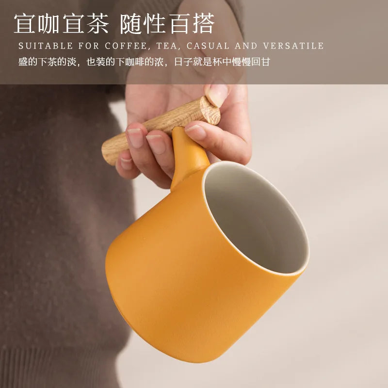 Office Wooden Handle Mug Japanese-style Ceramic Tea Cup Frosted Water