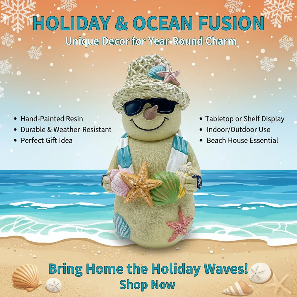 Christmas Beach Snowman Ornament | 18cm Ocean Theme Resin Decor