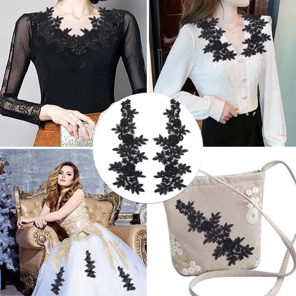 4Pcs Black Rose Lace Appliqué – Embroidered Sew-On Patches